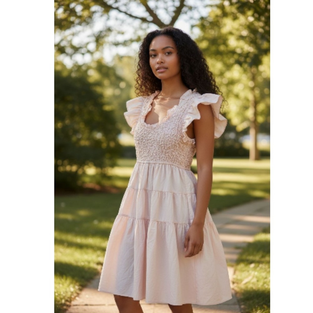 En Saison Matisse Flutter‎ Sleeve Smocked Tiered Mini Dress Cream L